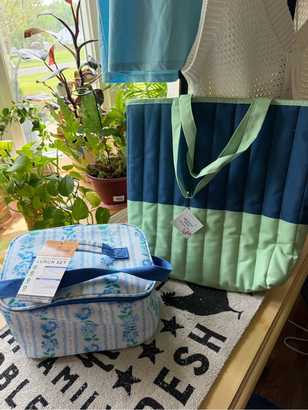 PLEASE READ BELOW Quilted Two-Tone Tote Bag in Navy & Mint and lunch tote
